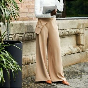 Khaki Preppy Womens Flap Pocket Side Wide Leg Pants